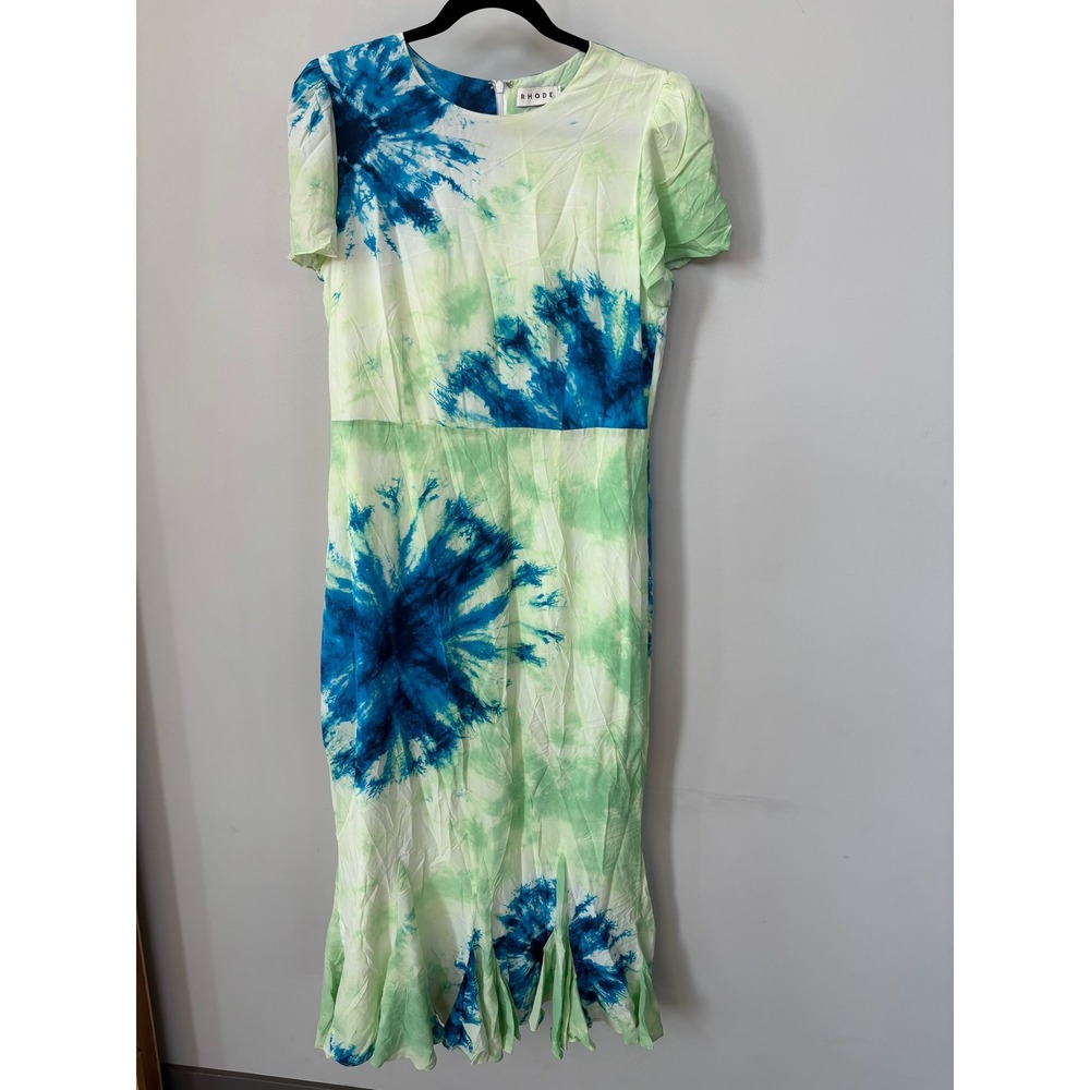 Rhode Lulani Tie Dye Midi Dress Blue Lime Green Ruffle Hem Short Sleeve Size 10